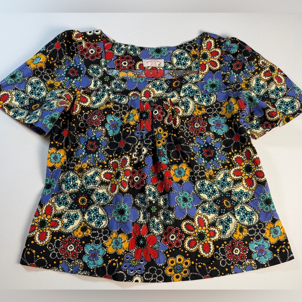 Handmade Floral Peasant Top with Puff Sleeves Size Medium EUC